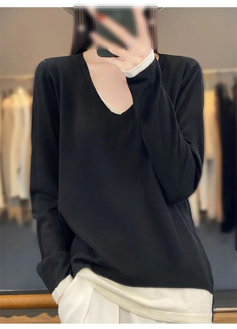 Jersey fino de lana con cuello en V para primavera y otoño para mujer, casual, ajuste holgado, falso, dos piezas