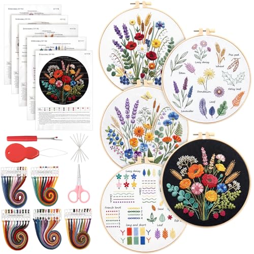 Image of Yinder 5 Set Starter Embroidery Kit for Beginners Boho Cross Stitch with Patterns Embroidery Hoops Instructions Floss Punch Needlepoint Kits Crafts DIY Adult Beginner Cross Stitch (Flowers)