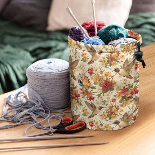 Image of Sellikakes Hummingbird Floral Retro Crochet Organizer Yarn Holder, Portable Knitting Bag Crochet Storage Bag Store Crocheting Supplies Needles Skein Balls Sewing Accessories
