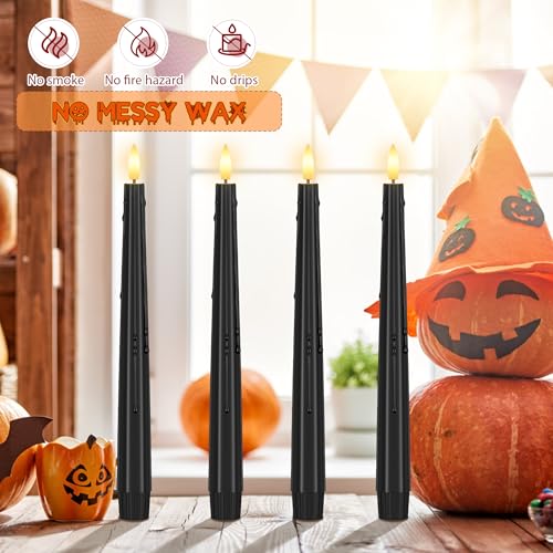 Image of SHENSY 3 Pack Halloween Black Flameless Taper Candles -Drip Real Wax Battery Operated LED Candlesticks with 3D Flickering Flame, Remote & Timer - Haunted Decor for Spooky Tables & Windows