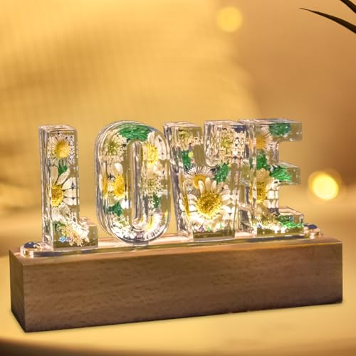 Image of Floral Letter LED Night Light: Resin Dried FlowerLetters Lamp with USB - Handmade Pressed Flower Nightlight Unique Customized Gift for Home Decoration (TP-White Flower, 1)