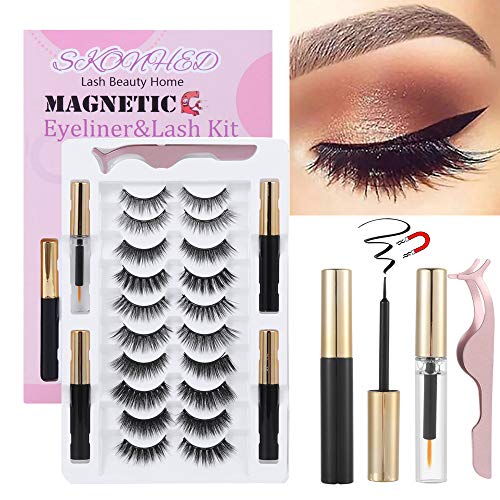 SKONHED 2020 Upgraded Magnetic Eyelashes and Eyeliner Kit,10 Pairs Reusable Magnetic Eyelashes with 3 Tubes Magnetic Eyeliner,Handmade Glue-free lashes Tweezer & Makeup Remover Included (STYLE 02)