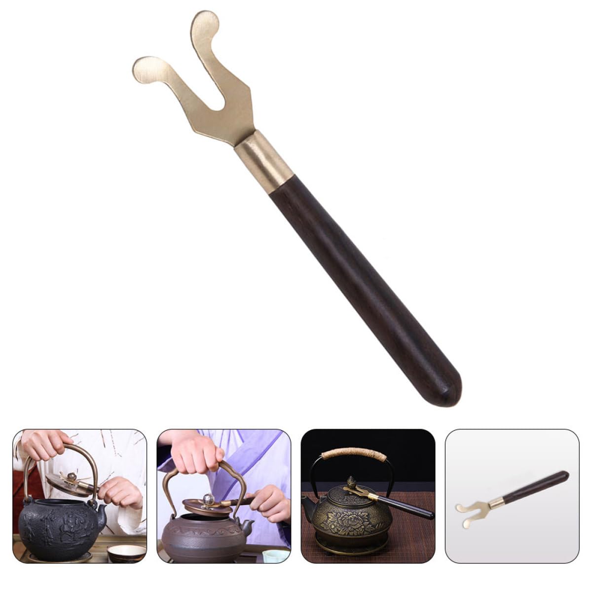 Milisten Clip Ligero y Práctico para Tapa de Tetera de Hierro Mango de Madera de Ébano para Servir Aperitivos y Ceremonia del Té en Familia o Amigos