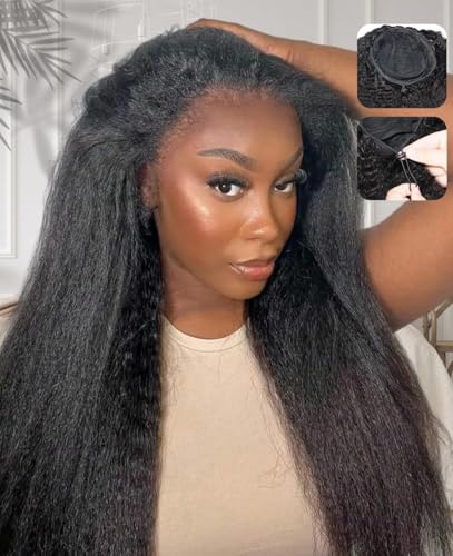 Kinky Straight Half Wig Human Hair 3 In 1 Half Wig Glueless Wigs Human Hair 200% Density Wear & Go Drawstring Seamless Flip Headband Wig for Women Beginner Friendly 18 Inch for Black Women