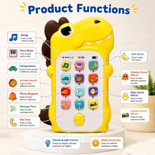 Image of FunBlast Cartoon Musical Mobile Phone for Kids, Mobile with Light & Sound Toys for Babies | Educational Toys for Kids 3+ Years /Boys /Girls-1 Unit (Dino-Yellow)