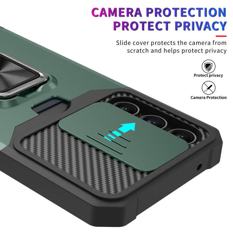 Image of LuxuryKase Shockproof Armor Case for Samsung Galaxy S24 FE | Slide Camera Cover | Hidden Card Slot | Rotating Ring Kickstand | Magnetic Car Mount Support | Military Grade Protection - Green