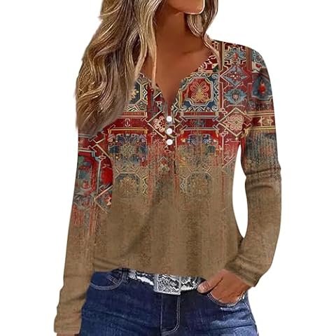 ZEFOTIM Ropa De Mujer Long Sleeve Shirt Women Boho Clothse Tshirt Floral V Neck Button Down Fall Fashion for Women Office Tops Teens Tight Party Brown XL Cover
