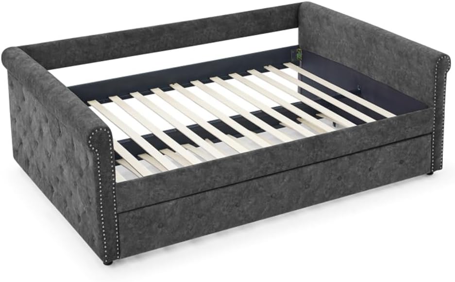 Daybed with Trundle Upholstered Tufted Sofa Bed, with Button and Copper Nail On Arms，Full Daybed & Twin Trundle, Grey