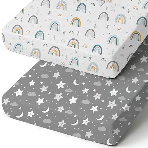 Pack n Play Sheets, BROLEX 2 Pack Mini Crib Sheets,Stretchy Portable Fitted Playard Sheet Set, Convertible Playard Mattress Cover,Ultra Soft Breathable Material,Rainbow Stars