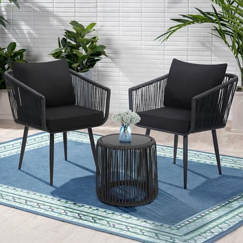 Image of Kromax 3-Piece Patio Rattan Bistro Conversation Set, Black | Outdoor All-Weather Wicker Furniture Chairs and Side Table Set, Ideal for Balcony, Porch and Backyard