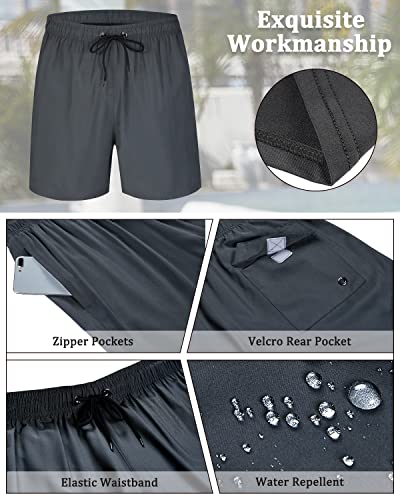 Silkworld Mens Swimming Trunks With Compression Liner 2 In 1 Quick-Dry Bathing Suits With Zipper Pockets Dark Grey #TOP5