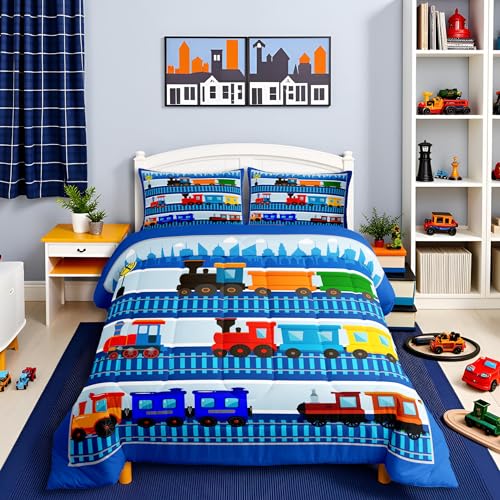 Cartoon Train Comforter Set Twin Size for Kids Boys,City Road Train Tracks Quilt Set Colorful Transport Vehicles Bedding Set 2Pcs,Fashion Navy Geometric Stripes Duvet Insert,1 Pillowcase