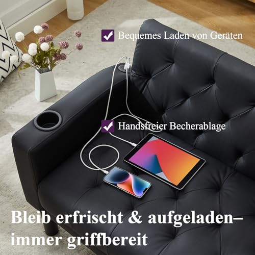 GRAVFORCE Sofa 2 Sitzer Couch mit 2 Ladeports und 2 Becherhaltern 157cm 2er Sofa Klein für Jugendzimmer, Wohnzimmer, Wohnung, Büro, Einfache Montage Kunstleder Schwarz