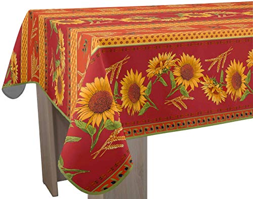 Le linge de Jules Nappe Anti-Taches Tournesol Rouge - Taille : Rectangle 150x300 cm, Jaune/Rouge
