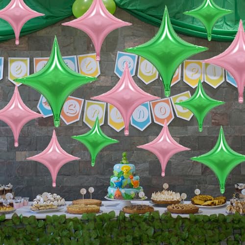 Image of Pink Green Star Balloons,12Pcs Four Angle Star Foil Balloons | 26Inch and 10Inch Pink Green Quadrangle Star Helium Balloon for Witch Birthday Baby Shower Party Decorations