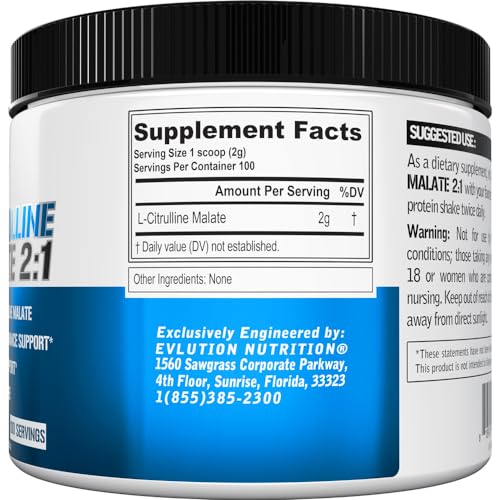 Image of Evlution Nutrition L-Citrulline Malate 2:1-200mg L-Citrulline Malate - Workout Performance Support - Vasodilation Support - Dietary Supplement - Vegan & Gluten Free - 100 Servings - Unflavored