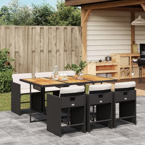 Image of 7 Piece Modern Garden Dining Set with Rectangular Table and 6 High-Back Chairs, Black Brown Outdoor Patio Furniture Set, Durable Acacia Wood and Poly Rattan Construction,