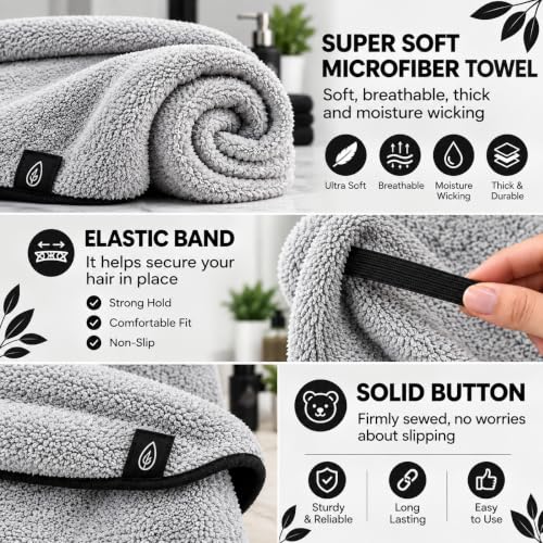 Image of Hair Towel Wrap for Women-Quick Drying Microfiber Towel for Hair with Elastic Loop for Tying-Super Absorbent Head Towels Wrap for Ladies Hair Turban (Pack of 1,Grey)