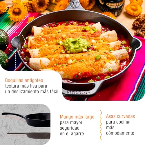 Image of Victoria 10-Inch Day of the Dead La Catrina Cast Iron Skillet, Dia de los Muertos Seasoned Cast Iron Frying Pan with Long Handle, Made in Colombia