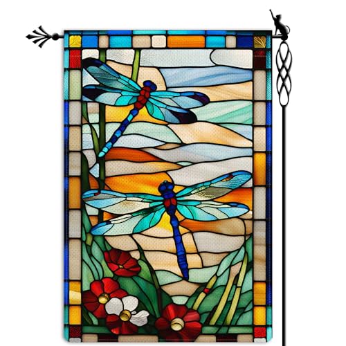 Jauageon Spring Summer Dragonfly Garden Flag Glass...