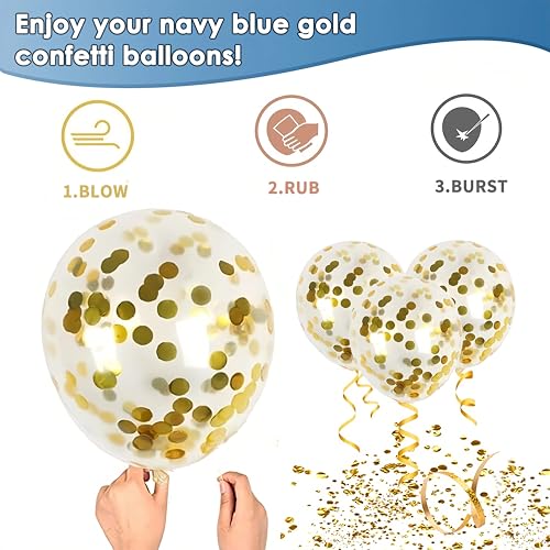 Image of Navy Blue and Gold Confetti Balloons - 50pcs 12 Inch Metallic Blue Gold Matte White Latex Balloons with 33 Feet String for Birthday Wedding Gender Reveal Party Decorations