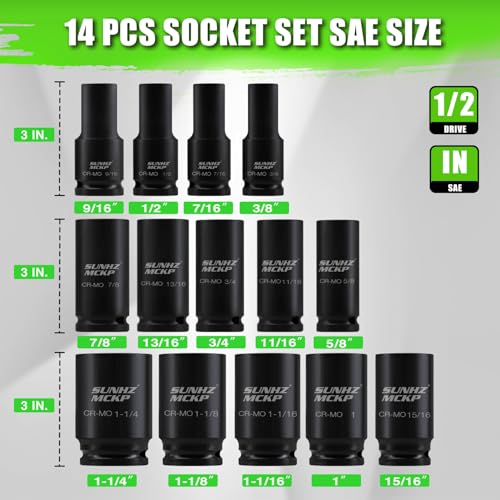 Image of SUNHZMCKP 20 PCS 1 /2 inch Impact Socket Set, Drive Deep 6 Point Socket Set, Including Standard SAE Sockets (3 /8 inch to 1-1 /4 inch), 3 inch, 6 inch, 10 inch Impact Extension Bar and Drill Socket Adapter, Cr-MO