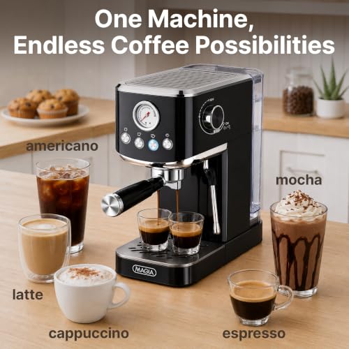 Image of Zulay Kitchen Magia Compact Espresso Machine - 20 Bar Coffee Maker with Milk Frother Steam Wand, Latte & Cappuccino Maker, 1350W Fast Heating, 40oz Removable Water Tank, Stainless Steel - Black