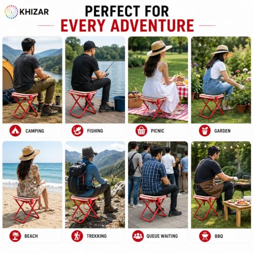 Image of KHIZAR Foldable Camping Stool with Carry Bag | Portable Folding Seat for Outdoor Travel | Heavy Duty Steel Frame | 100kg Load Capacity | Lightweight Fishing, Hiking, Trekking, Picnic, | Beige