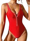 Dixperfect Women's Retro 80s/90s Inspired High Cut Low Back One Piece Swimwear Bathing Suits Red Zip with Padded Cups L