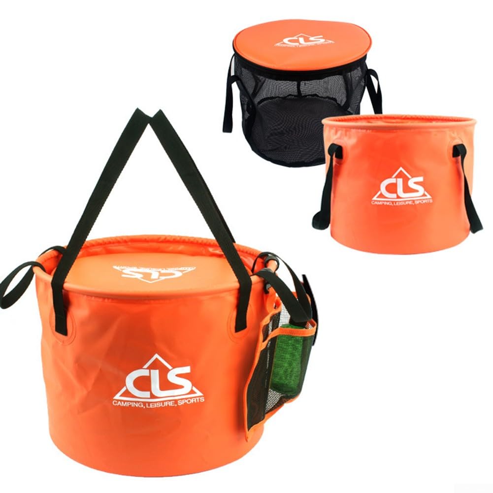 Seau Pliable avec poignée, Seau Pliable 4 en 1 de 30 L avec Panier de vidange en Maille, Seau Pliable pour, pêche - Orange