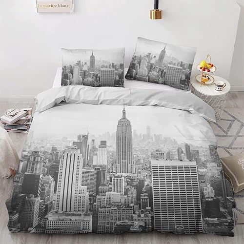 Housse de Couette 200x200 New York Parure de Lit 2 Personnes Paysage Urbain Imprimée 3D Microfibre Douce New York Housse Couette Réversible avec 2 Taies...