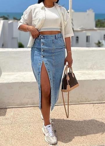 Women Summer Asymmetrical High Waisted Elastic Frayed Jean Skirt Irregular High Split Ripped Cargo Maxi Denim Skirt3