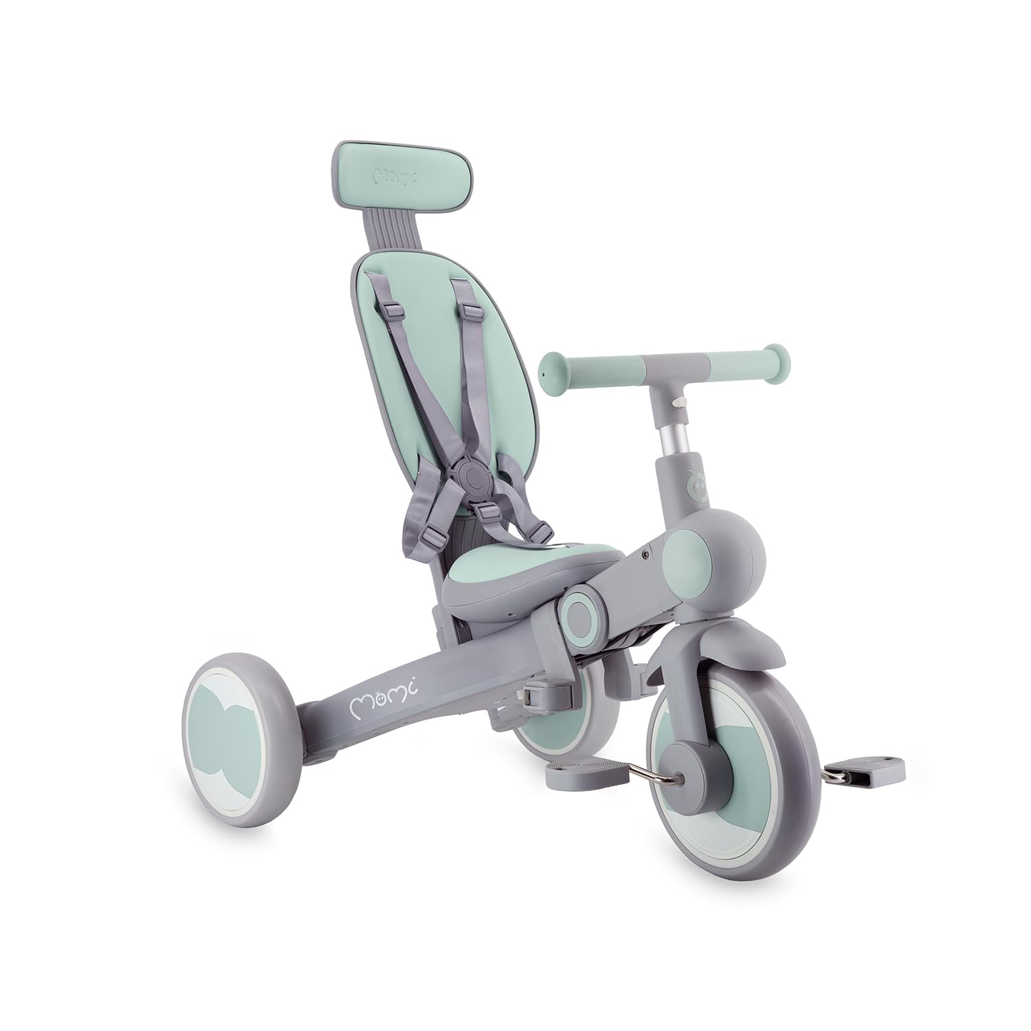 Triciclo per bambini MoMi 4in1 SOLIVIA con manubrio telescopico, cinture di sicurezza a 5 punti, per bambini a partire da 12 mesi, con capottina parasole, ruote in PU, borsa e portabicchiere
