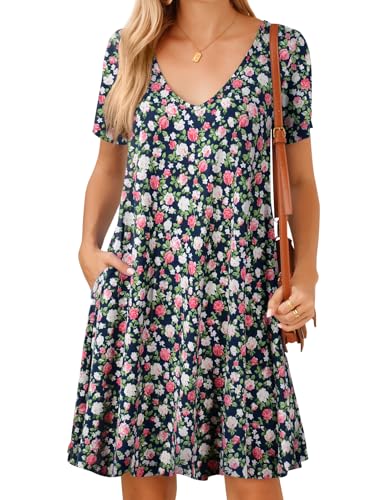 Image of JollieLovin Women T Shirt Plus Size Summer Swing Dresses Short Sleeve V Neck Loose Casual Dress(L-5X)