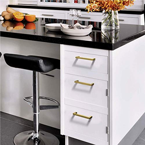 12Pack|5'' Drawer Pulls Brushed Brass Square Cabinet Handle Polished Gold,Stainless Steel Brass Square Kitchen Furniture Hardware,Hole Center:128mm