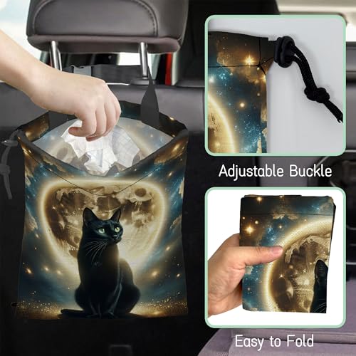 Image of Black Cat Car Trash Bag,Full Moon Hanging Drawstring Car Garbage Bag,Waterproof Canvas Car Back Seat Organizer with Adjustable Buckle,for Vehicles,SUVs,Camping,Road Trips