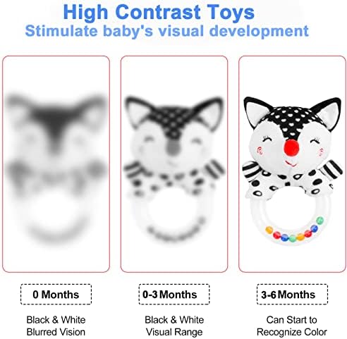 Baby Rattle Toys for 0-6 Months - 2Pcs Newborn Soft Rattles Teething Ring Black and White Elephant Sensory Plush Toy Set for 0 3 6 9 12 Month Infant Boys Girls Shower Gift (Elephant/Fox)