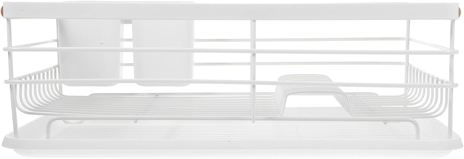 Iron Multifunctional Large Capacity Dry Dish Rack with Drip Tray and Cutlery Holder, White Kitchen Countertop Dish Strainer Organizer for Plates and Utensils Storage