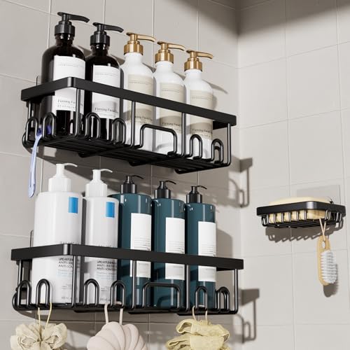 Image of Veken Shower Caddy 3-Pack, Advanced Rustproof Design, No Drilling Adhesive Shelves, Rack with Soap Holder, Large Capacity Bathroom Organizers and Storage, Wall-Mounted Kitchen & Home Decor, Black