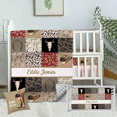 Personalized Crib Bedding Set for Boys with Name, Custom Western Cowboy 3 Piece Baby Crib Sets, Minky Dotted Backing Blanket, Fitted Sheet, Pillowcase, Nursery Crib Set for Newborn Toddler Infant