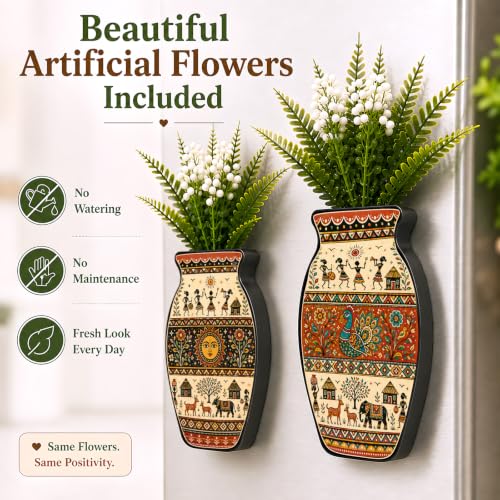 Image of Regalo Casila Magnetic Artificial Flower Vase Fridge Magnets Set of 2 Warli Painting Peacock Sun Tribal Folk Art Refrigerator Kitchen Home Office Decor Housewarming Gift