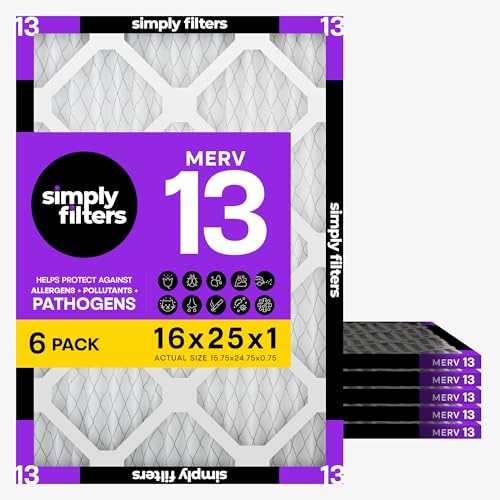 Simply 16x25x1 Air Filter Merv 13 6 Pack For Home AC Furnace & HVAC (Actual Size: 15.75x24.75x0.75) DUST Pet & Allergy Control