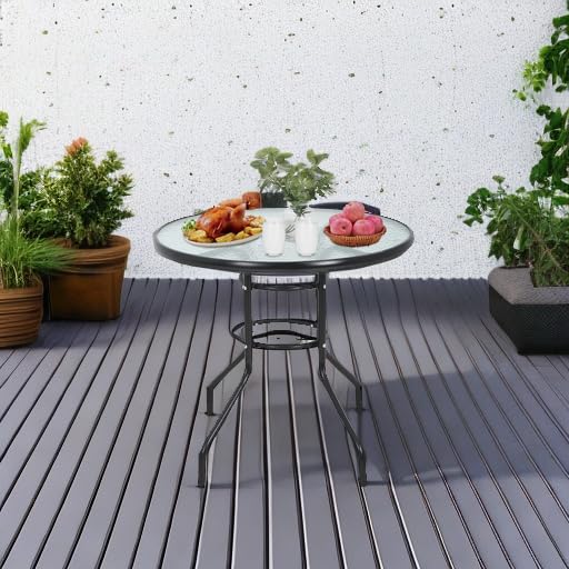 Mesa de comedor para exteriores con agujero de vidrio templado para sombrilla para césped, balcón, patio (redonda) 5