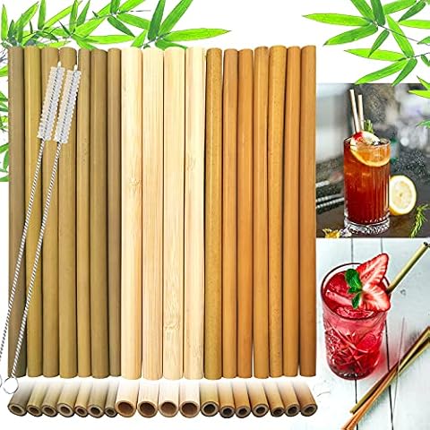 Daily Treasures 18Pcs Bamboo Drinking Straws, 7.9 Inches Natural Reusable Straws Biodegradable Bamboo Wooden Straws, Straight Boba Smoothie Straws Alternative to Plastic Straws with 2 Nylon Brushes Cover