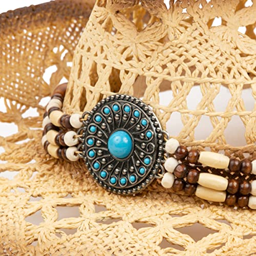 Tovoso Straw Cowboy Hat For Women And Men With Shape-It Brim, Western Cowboy Hat, Turquoise/Beads - Tea Stain #TOP5