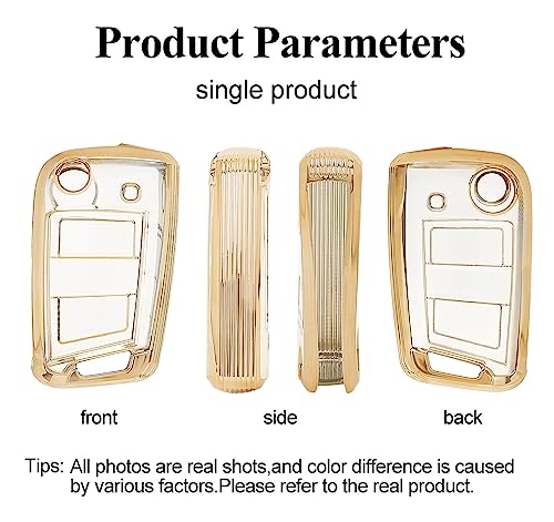 Image of JVCV Soft TPU Transparent Cover Compatible with Kylaq Slavia Kushaq Taigun Tiguan Virtus Octavia Kodiaq Superb Folding Key - Stylish Durable Protector Case (Transparent Gold)
