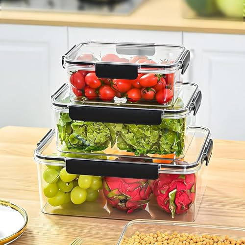 Image of Storescent Airtight Fridge Storage Containers Set of 3 | BPA-Free Plastic Kitchen Boxes for Pulses, Grains, Cereals, Dry Fruits | Pantry Organizer | 300ml, 800ml, 1200ml (Black (Set of 3))