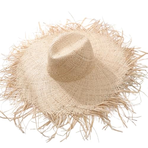 Image of Surakey Summer Straw Hat Straw Sun Hat Wide Brim Straw Hat Beach Straw Hat Tassel Straw Hat Handwoven Straw Hat for Women (Cone), 21.3in-22.8in