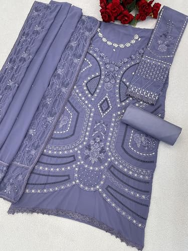 Image of RUDRAPRAYAG Women's Georgette Fabric Wih Embroidered Sequence Work And On Neck Moti Hand Work Semi Stitched Sharara Salwar Suit With Dupatta Set