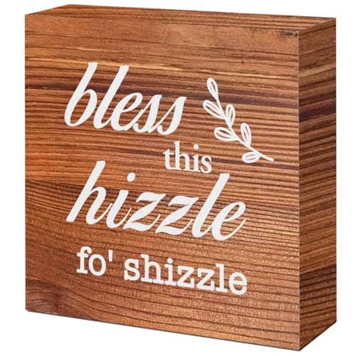 Bless This Hizzle for Shizzle Sign Wooden Block,Funny Humor Home Wood Desk Decor for Shelves,Bless Farmhouse Home Sign,House Warming Gift for Friends